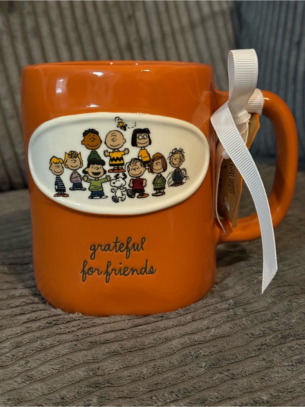 Rae Dunn Orange Peanuts 'Grateful for Friends' Ceramic Mug NWT